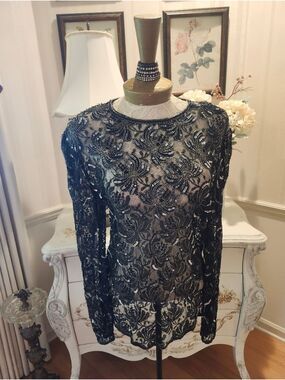 Vintage Scala Fully Beaded Sheer  Red Carpet Evening Top Black And Silver M/L